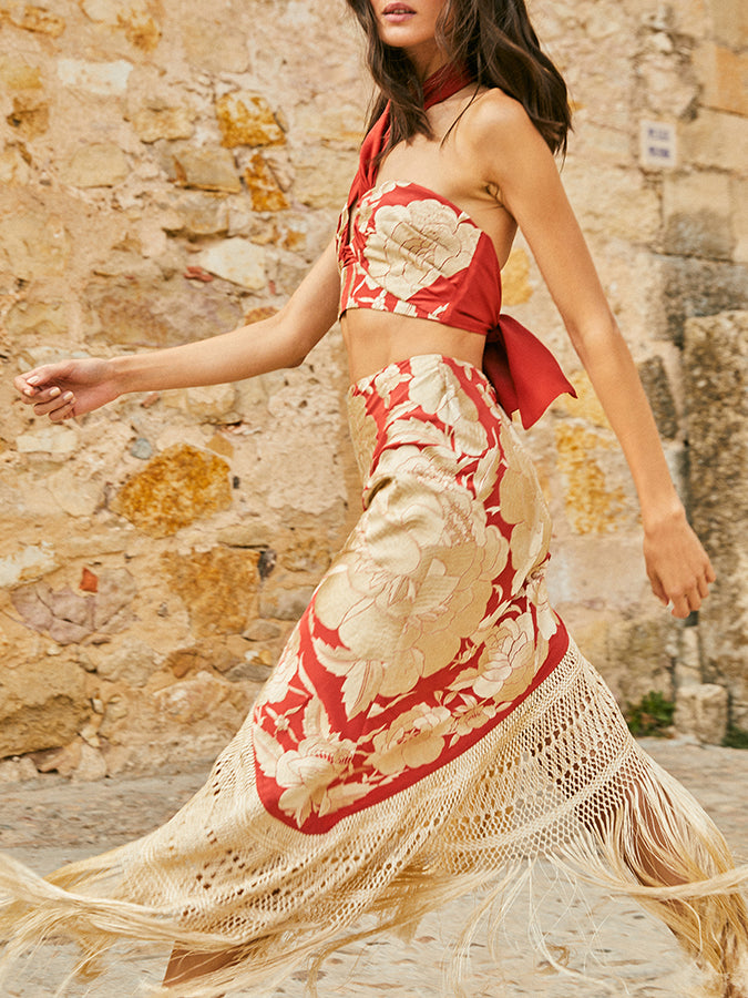 Print Bikini and Fringed Skirt