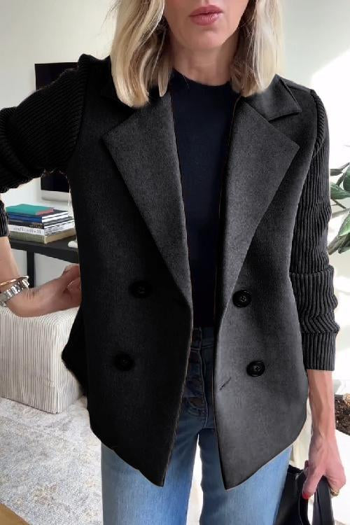 Lapel Button Knitted Sleeve Coat With Two Side Pockets