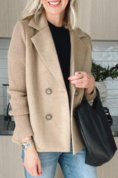 Lapel Button Knitted Sleeve Coat With Two Side Pockets