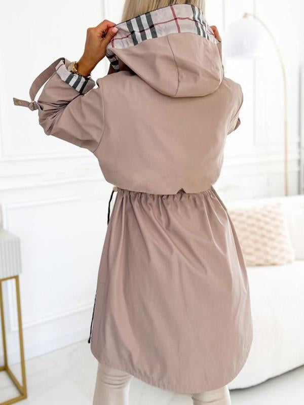 Hooded Zipper Drawstring Plaid Print Long Coat