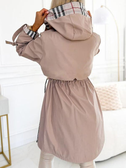 Hooded Zipper Drawstring Plaid Print Long Coat
