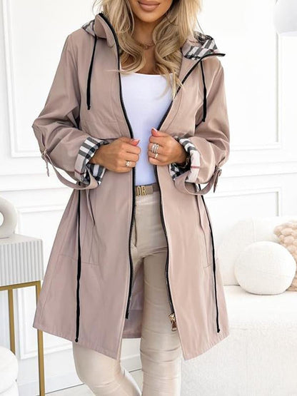 Hooded Zipper Drawstring Plaid Print Long Coat