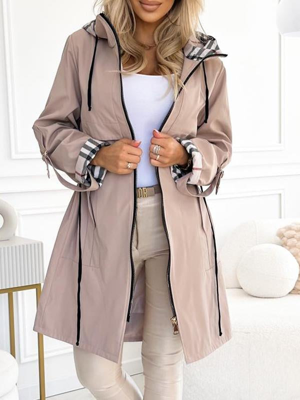 Hooded Zipper Drawstring Plaid Print Long Coat