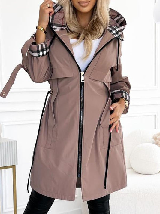 Hooded Zipper Drawstring Plaid Print Long Coat