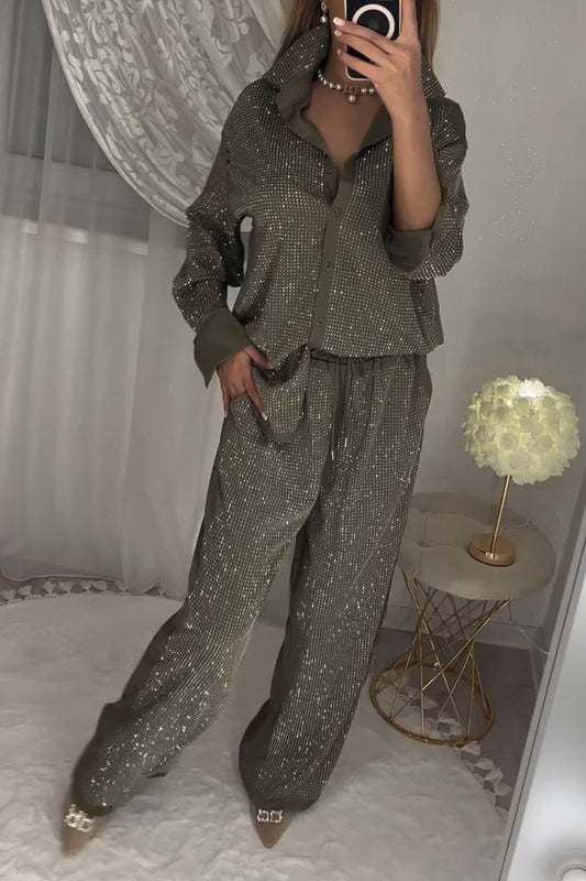 Stylish Diamond-embellished Top and Pants Two-piece Set