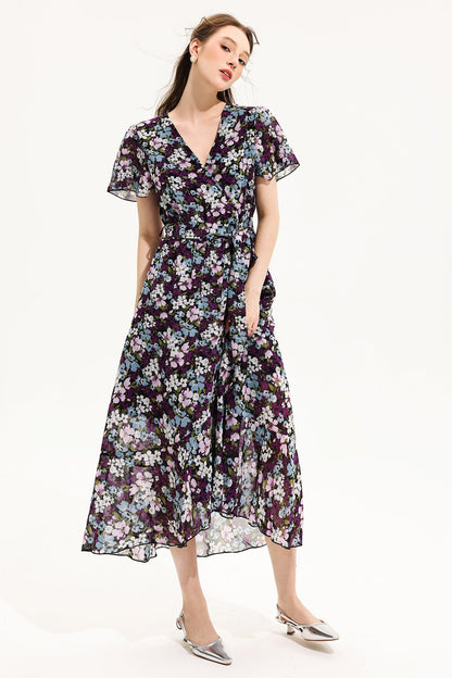 V-neck Short Sleeve Midi Dress Yellow
