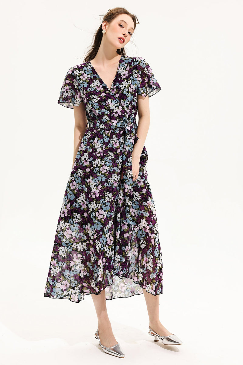 V-neck Short Sleeve Midi Dress Yellow