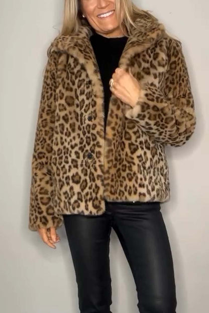 Fashionable Leopard Print Lapel Faux Fur Winter Short Coat