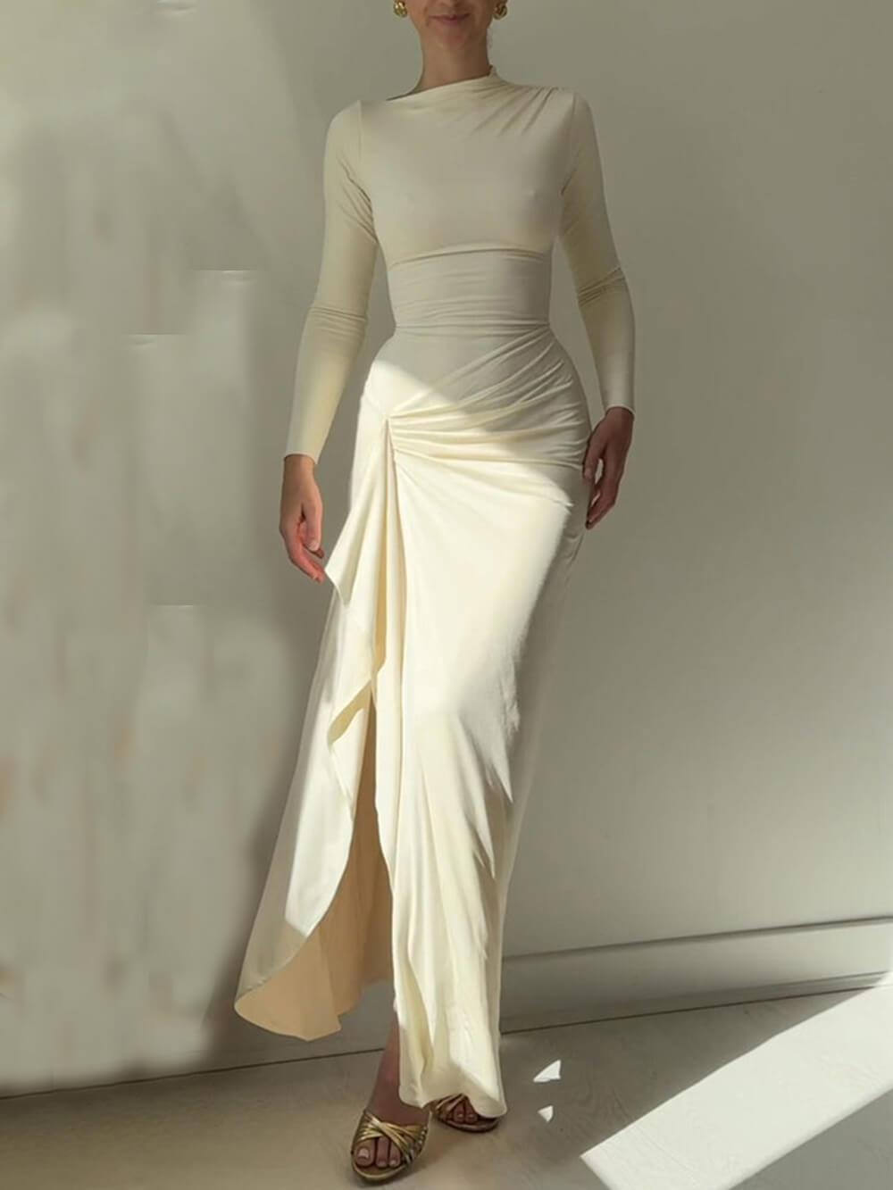 Ruched Side Slit Drape Ruffles Back Lace-up Stretch Maxi Dress
