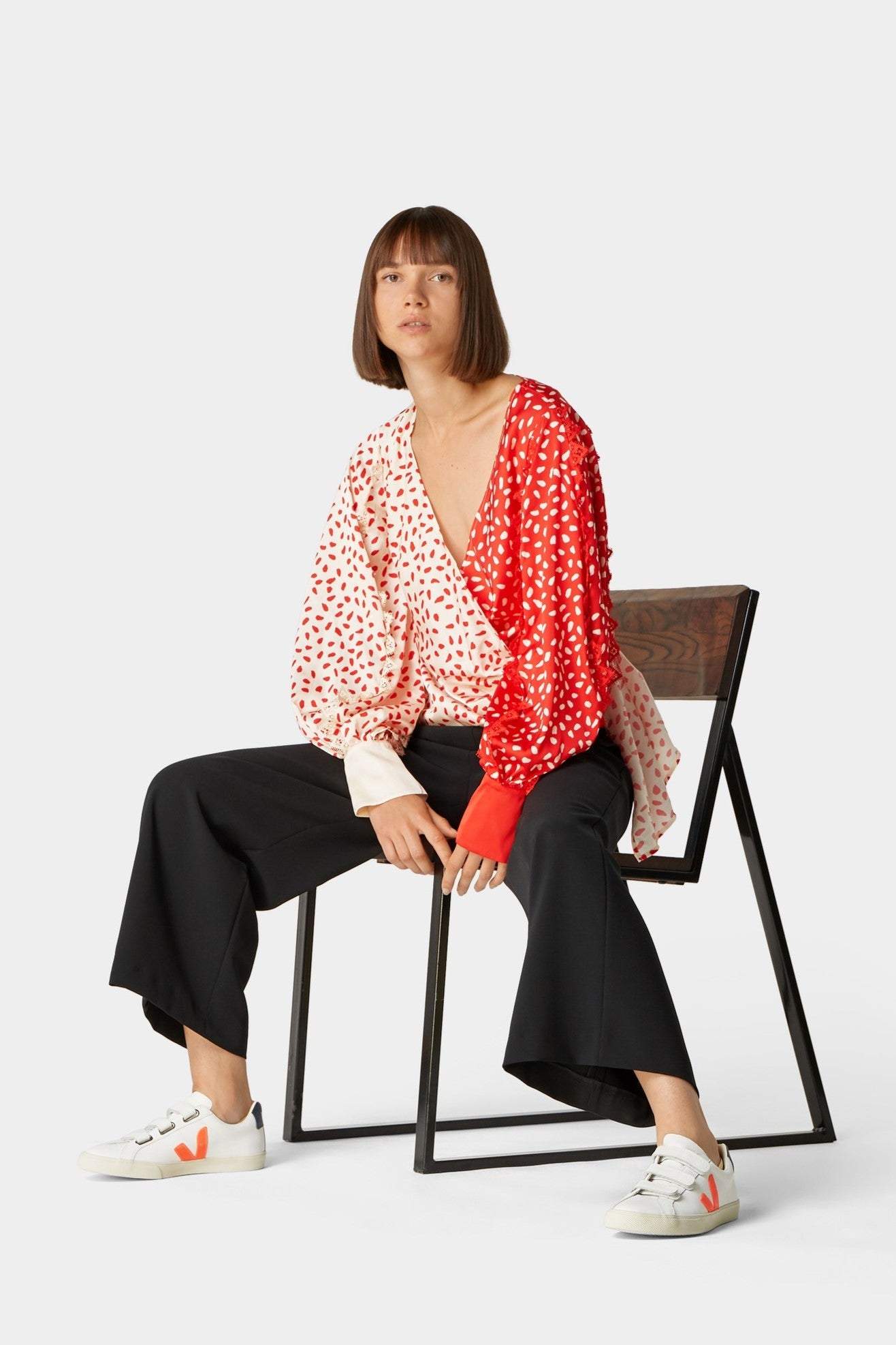 Polka Dot Lantern Sleeve Wrap Blouse
