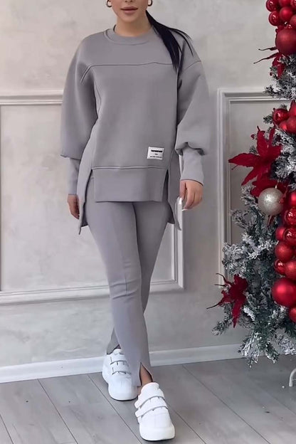 Color Round Neck Long Sleeve Slit Hem Sweatshirt Leggings Set
