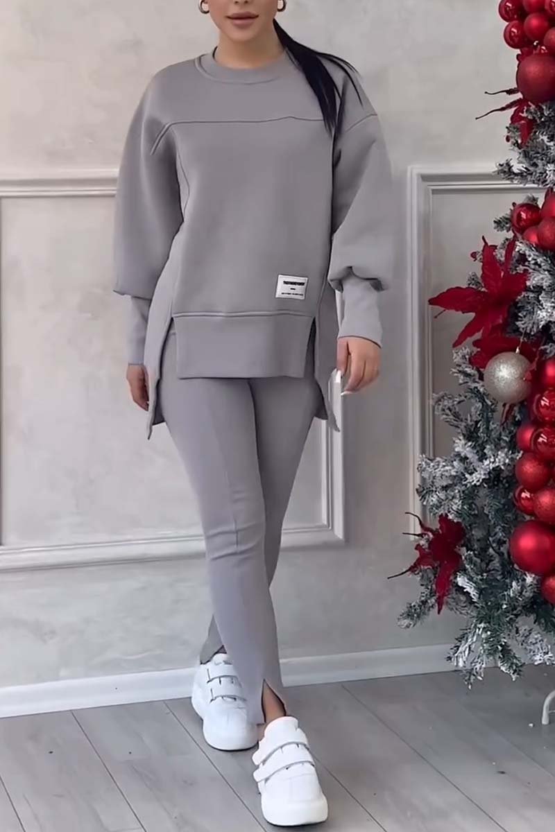 Color Round Neck Long Sleeve Slit Hem Sweatshirt Leggings Set