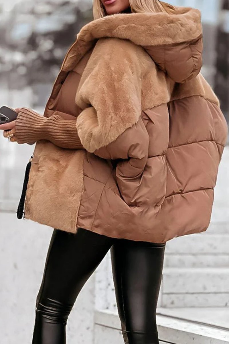 Hooded Long-sleeved Fur Patchwork Winter Coat