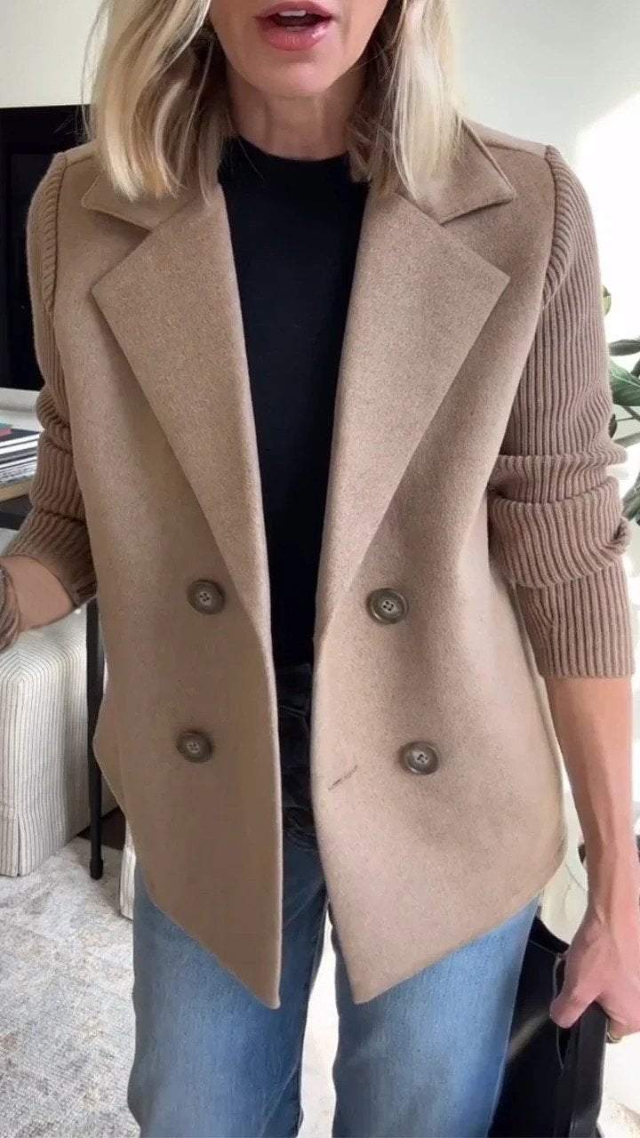 Lapel Button Knitted Sleeve Coat With Two Side Pockets