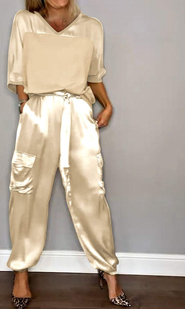 Smooth Satin Half-sleeved Top and Pant Suit Two-piece