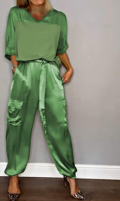 Smooth Satin Half-sleeved Top and Pant Suit Two-piece
