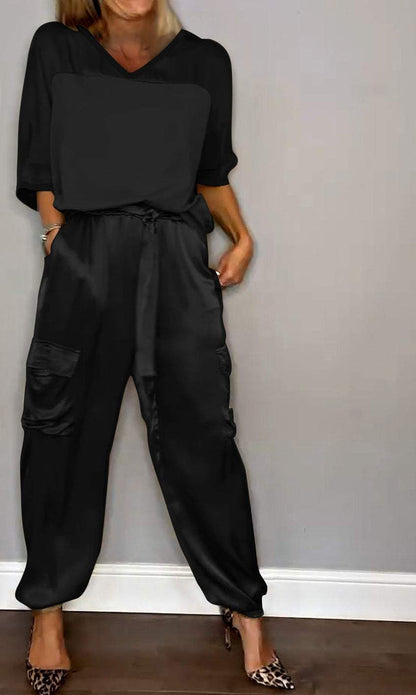 Smooth Satin Half-sleeved Top and Pant Suit Two-piece