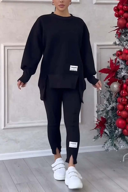Color Round Neck Long Sleeve Slit Hem Sweatshirt Leggings Set