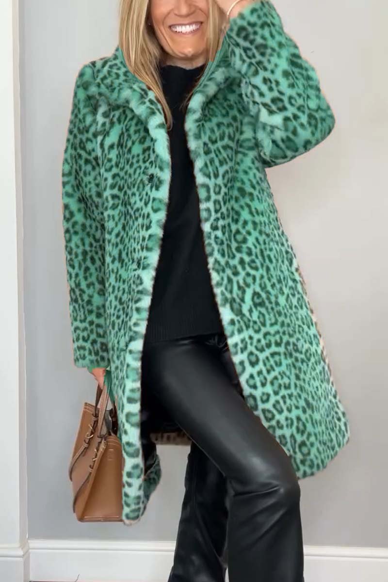 Fashionable Leopard Lapel Faux Fur Winter Mid-length Coat