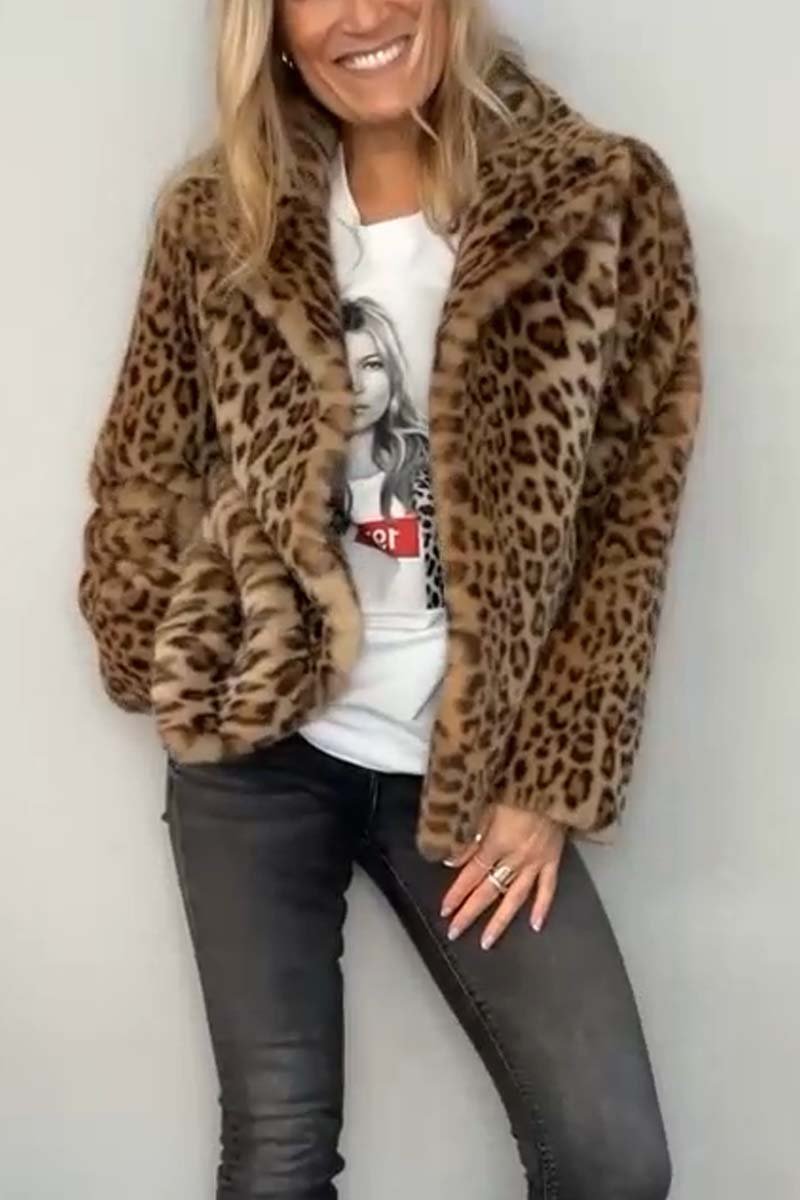 Fashionable Leopard Print Lapel Faux Fur Winter Short Coat
