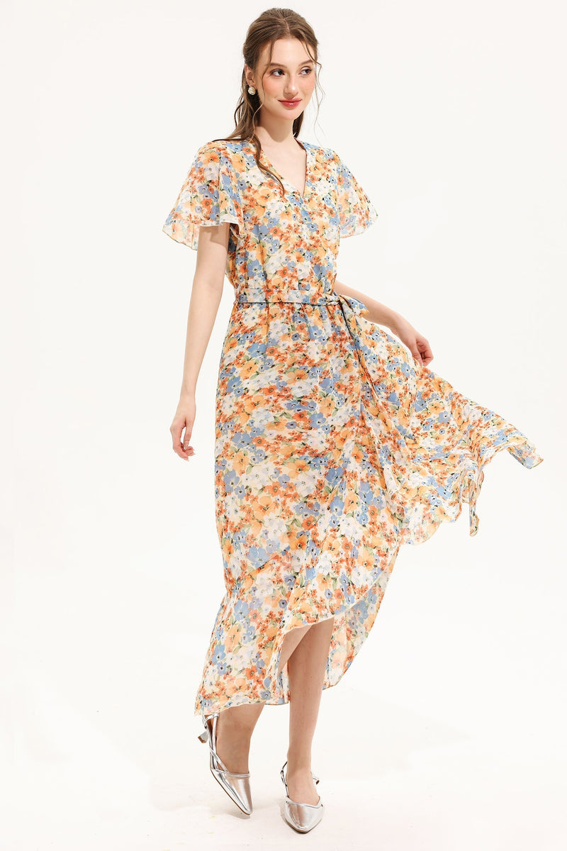 V-neck Short Sleeve Midi Dress Yellow