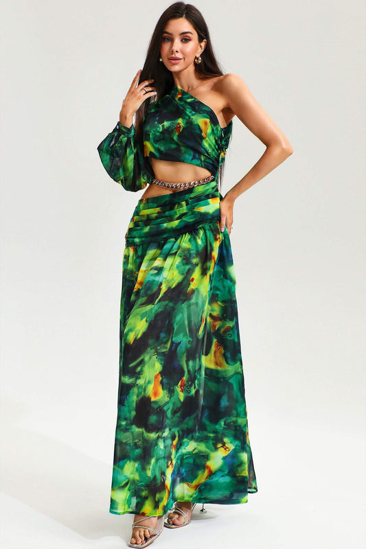 Printed One-shoulder Cutout Ruched Slit Maxi Dress Green