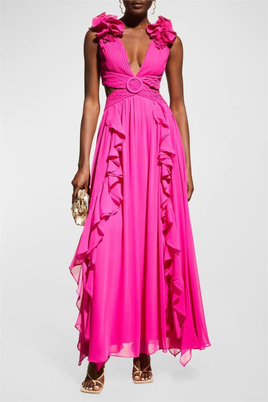 Sleeveless V-neck Ruffle Hem Lace Up Maxi Dress