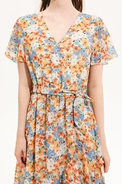 V-neck Short Sleeve Midi Dress Yellow