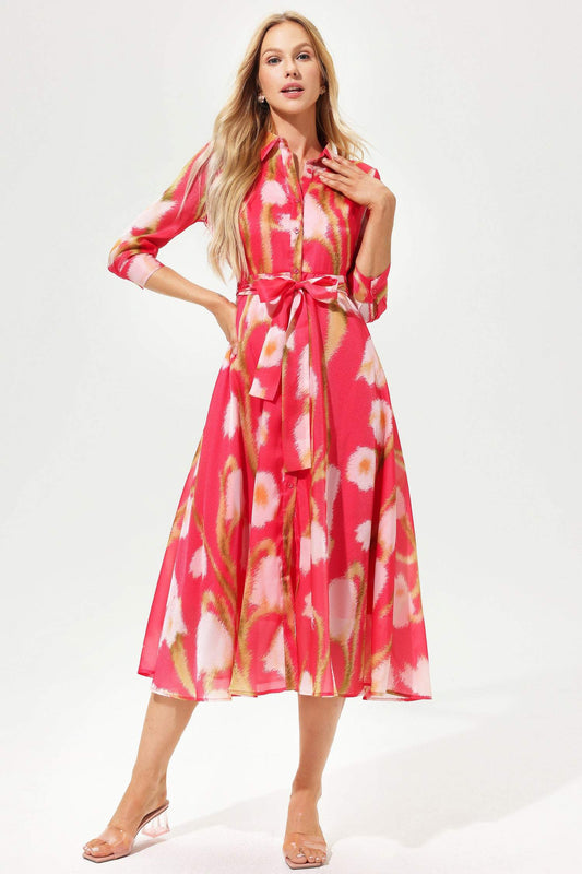 Mid Sleeve Lapel Lace Up Midi Dress