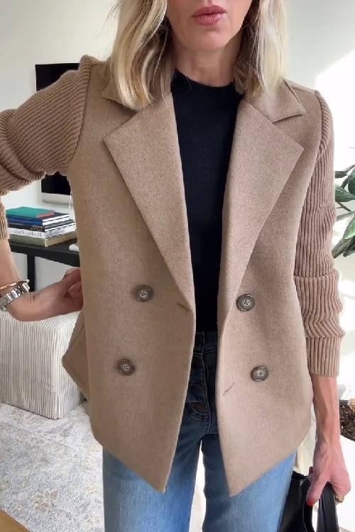 Lapel Button Knitted Sleeve Coat With Two Side Pockets