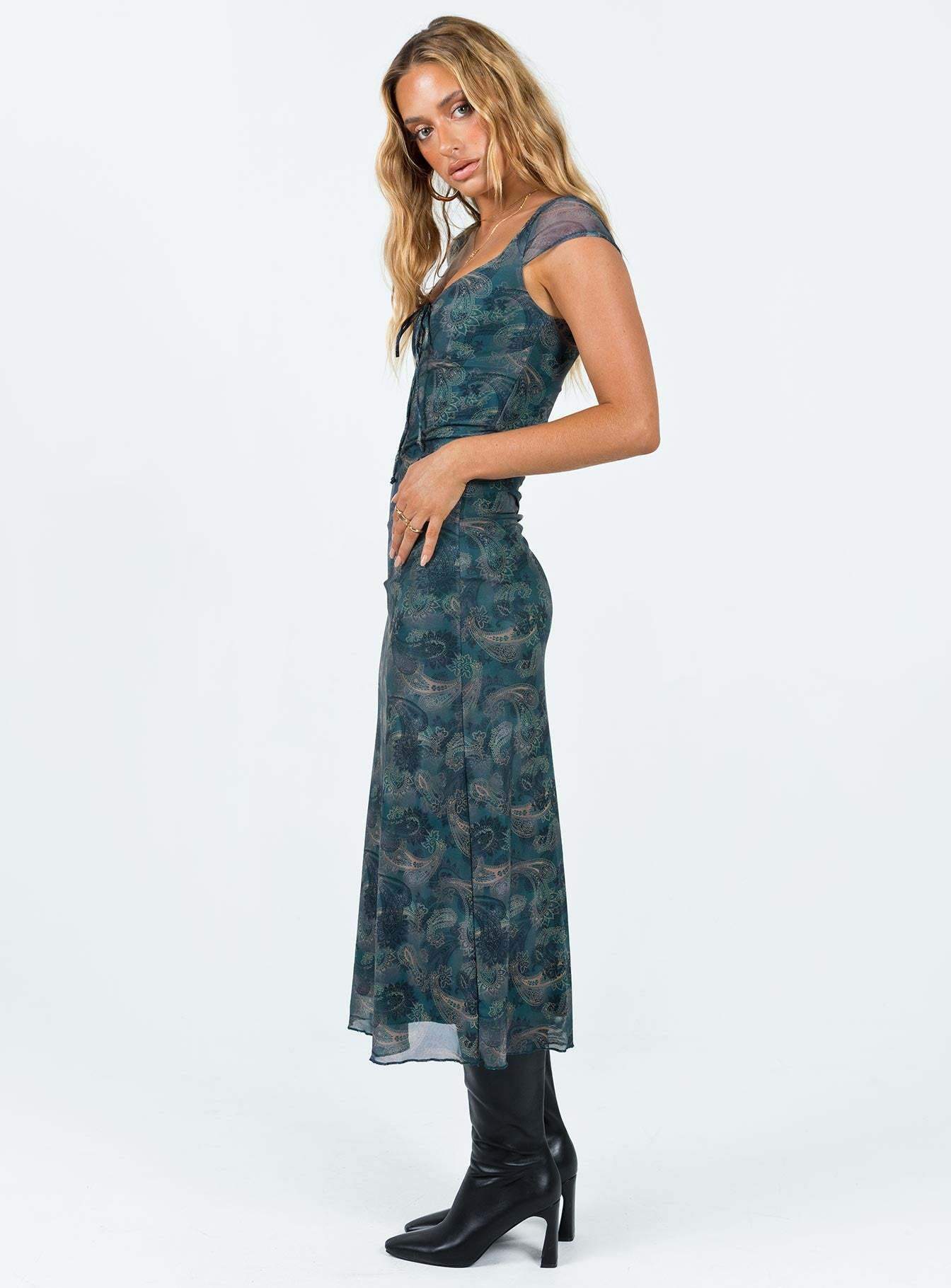 Square Collar Lace Up Slim Midi Dress