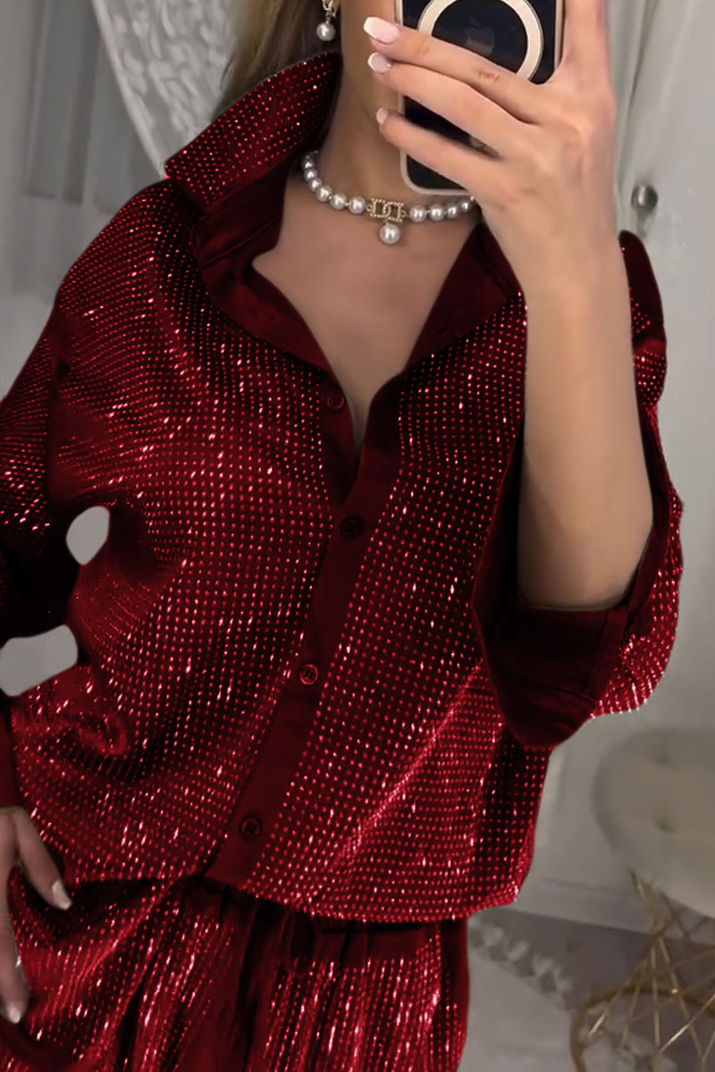 Stylish Diamond-embellished Top and Pants Two-piece Set