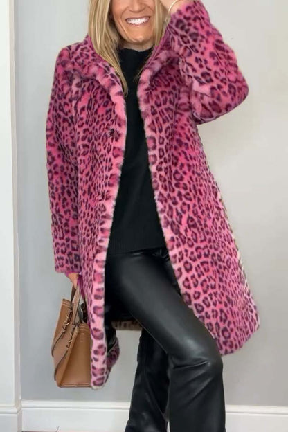 Fashionable Leopard Lapel Faux Fur Winter Coat
