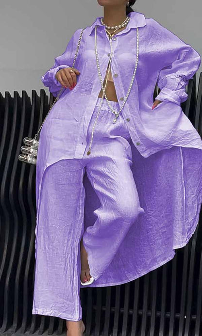 Linen Back Cut-out Shirt and Trousers Two-piece Set
