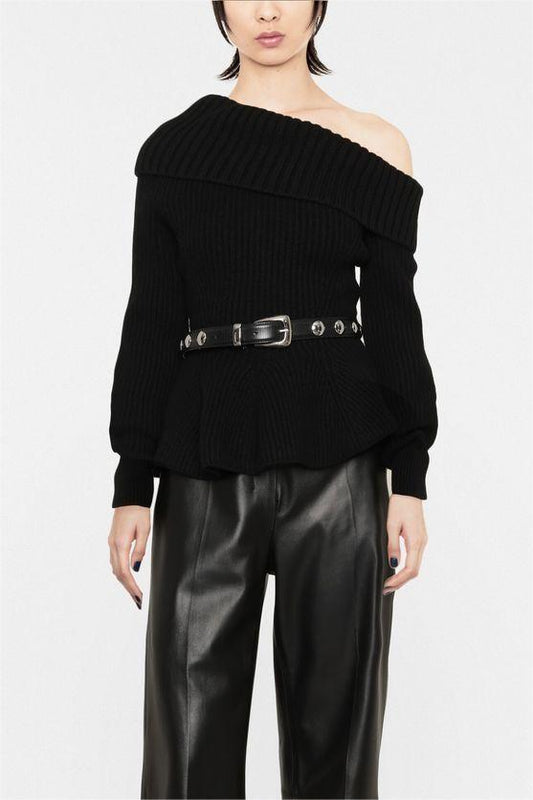 Black Knit Long Sleeves Diagonal Collar Sweater