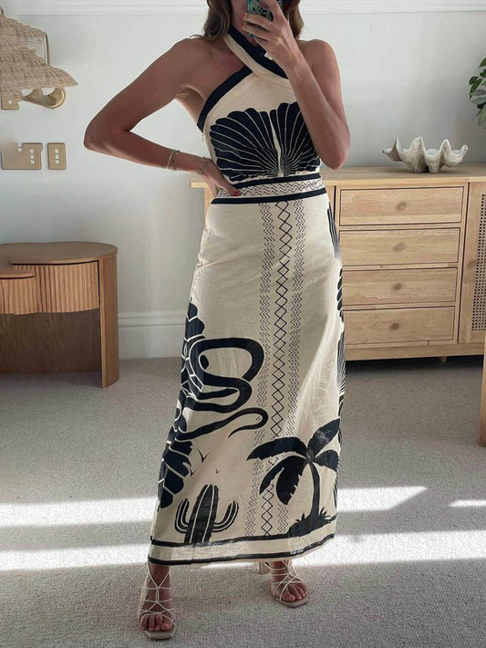 And Print Slim-fit Halter Neck Maxi Dress