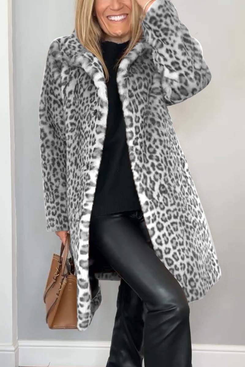 Fashionable Leopard Lapel Faux Fur Winter Coat