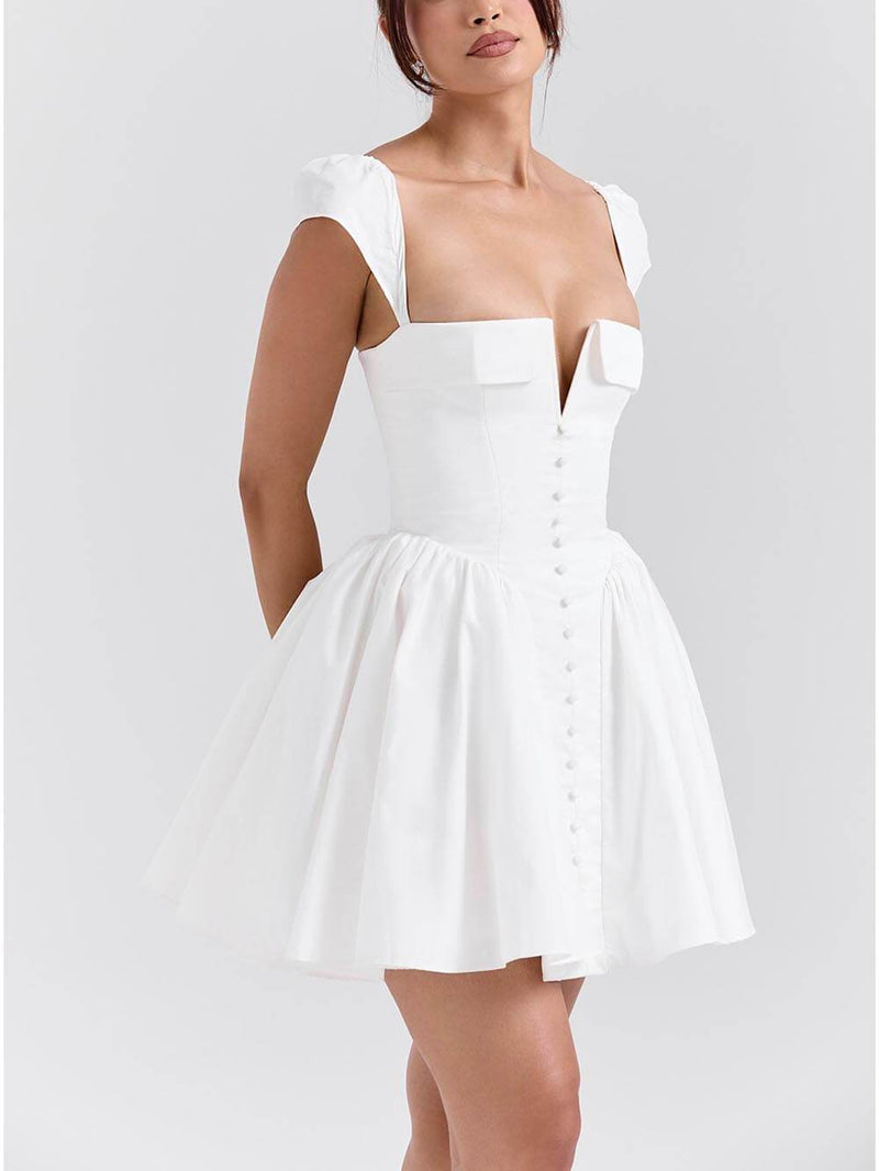 Exquisite V-neck Pleated Waist Mini Dress