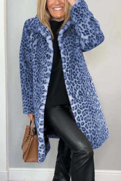 Fashionable Leopard Lapel Faux Fur Winter Mid-length Coat