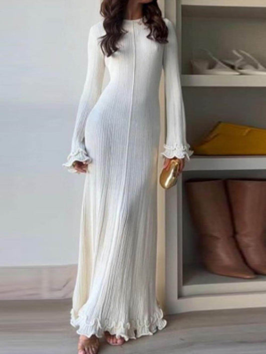 Trumpet Sleeves Rolled Hem Knitted Round Neck Maxi Dress