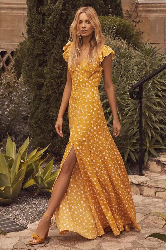 Flutter Sleeve V-neck Slit Maxi Dress