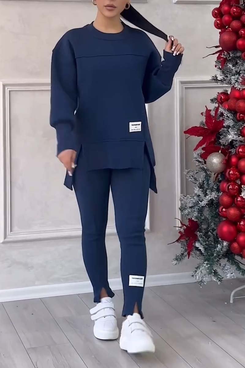 Color Round Neck Long Sleeve Slit Hem Sweatshirt Leggings Set