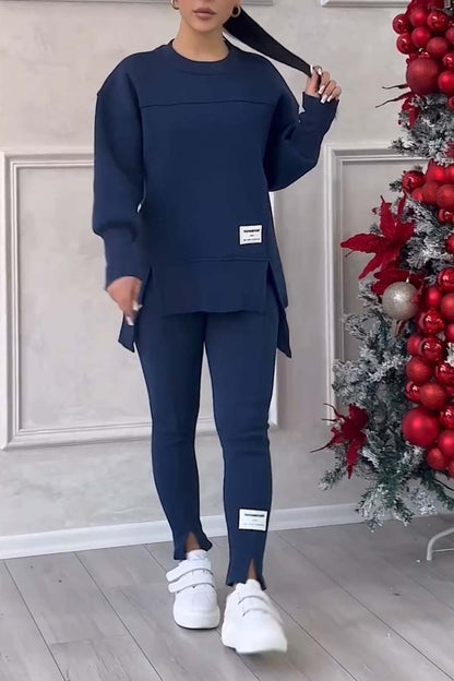 Color Round Neck Long Sleeve Slit Hem Sweatshirt Leggings Set