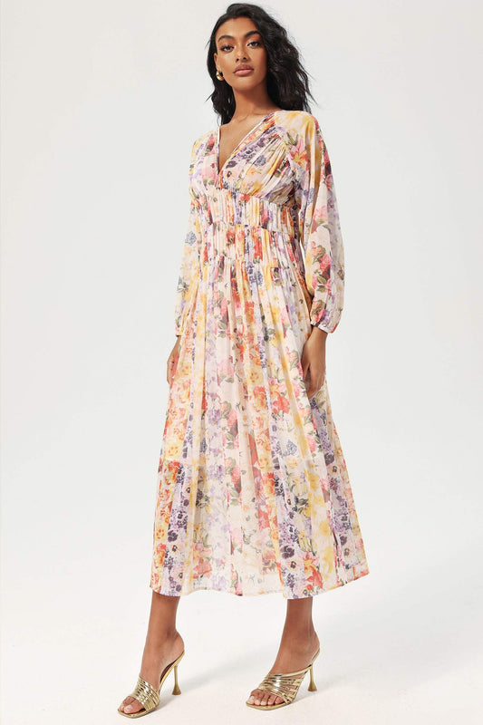 V-neck Lantern Sleeve Midi Dress