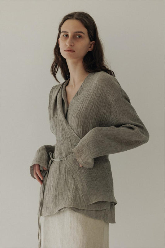 Wrapover A-button Cardigan Linen Shirt Grey