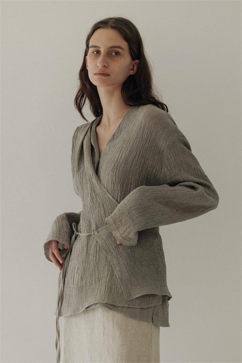 Wrapover A-button Cardigan Linen Shirt Grey