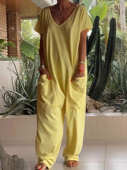 V-neck Color Jumpsuit