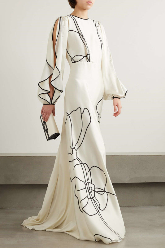 Ruffled Print Satin Maxi Dress