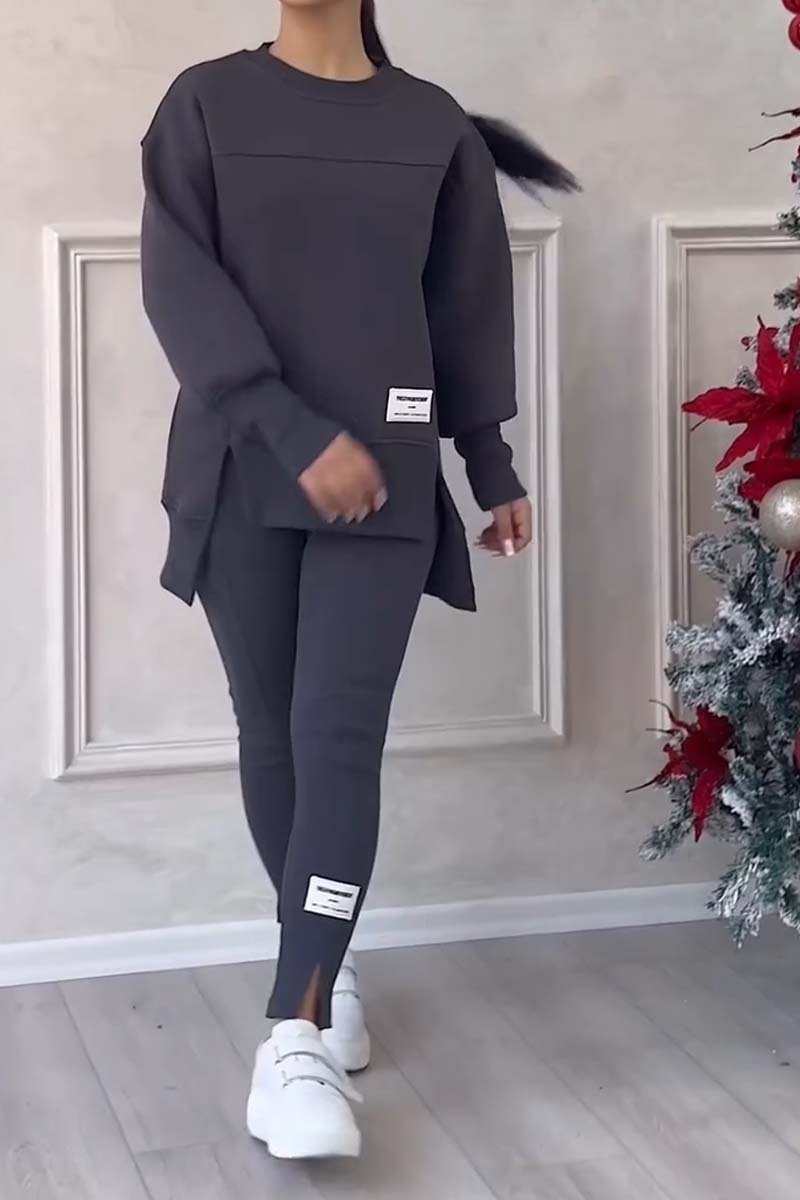 Color Round Neck Long Sleeve Slit Hem Sweatshirt Leggings Set
