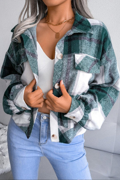 Plaid Lantern Long Sleeve Woolen Coat